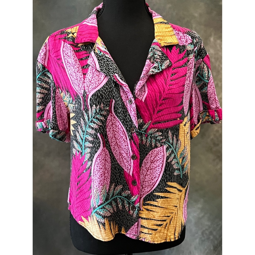 Jane+Delancey Tropical Print Button Down Cropped Short Sleeve Blouse Size Medium